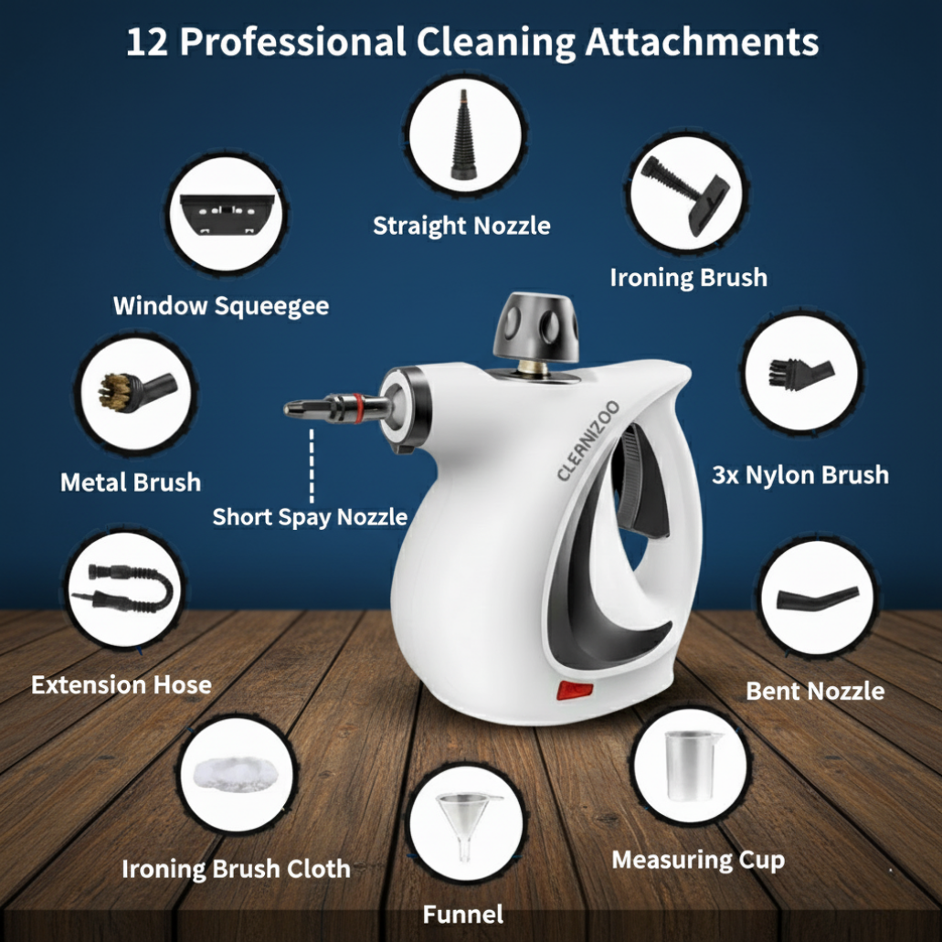 Cleanizoo steam cleaner with 12 interchangeable cleaning attachments