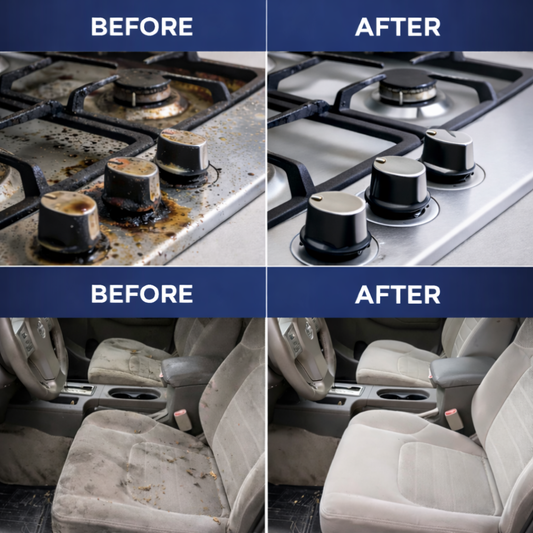 Before and after steam cleaning results on car seats and kitchen stove