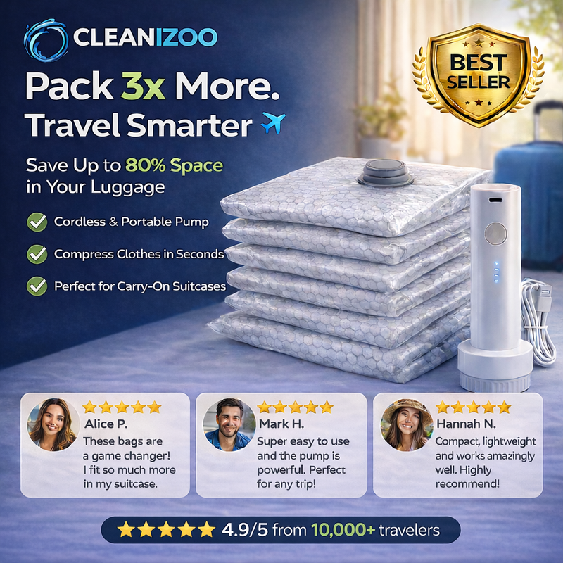 Cleanizoo Travel Vacuum Compression Kit – Pack 3x More with Cordless Pump (Bags Included)