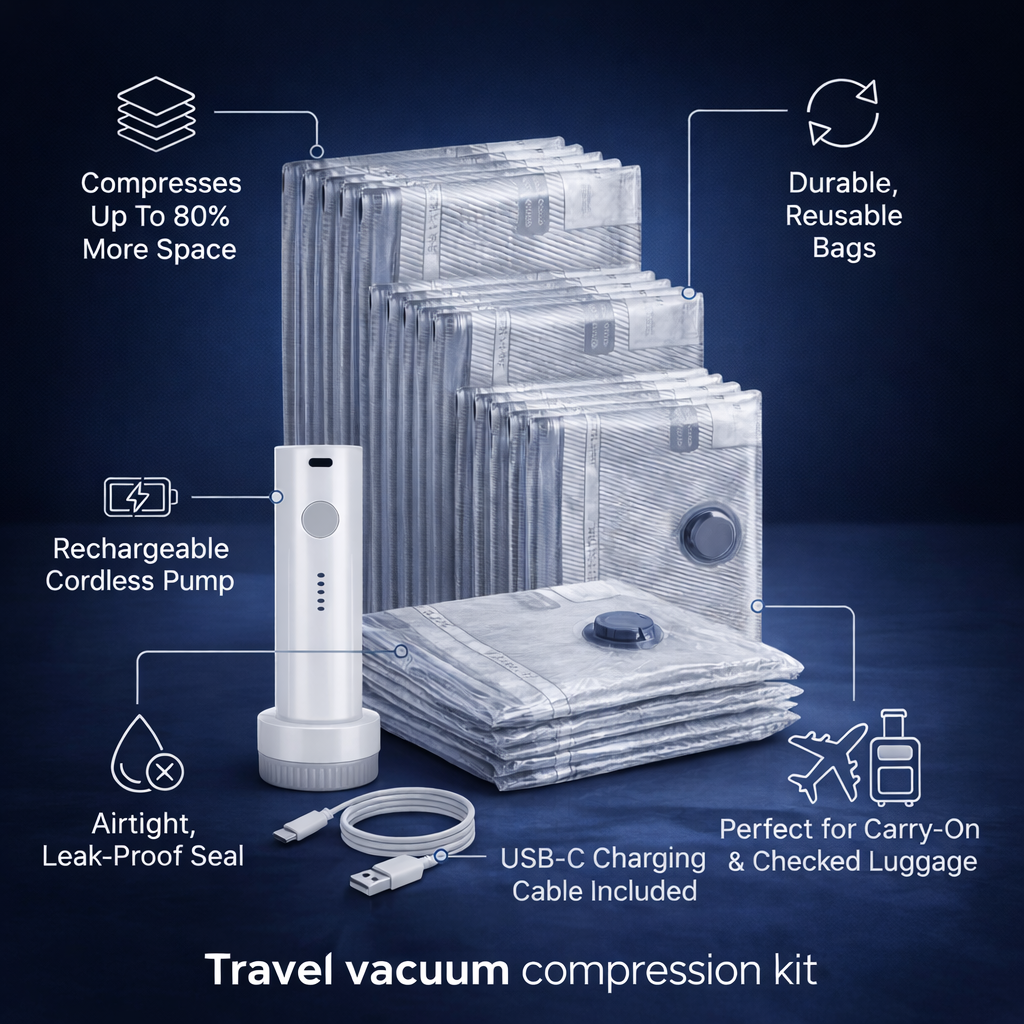 Cleanizoo™ Travel Vacuum Compression Kit – Pack 3x More with Cordless Pump (Bags Included)