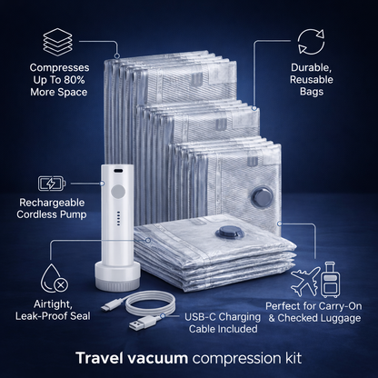 Cleanizoo™ Travel Vacuum Compression Kit – Pack 3x More with Cordless Pump (Bags Included)