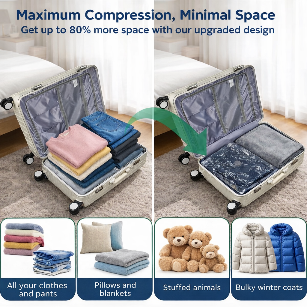 Cleanizoo™ Travel Vacuum Compression Kit – Pack 3x More with Cordless Pump (Bags Included)